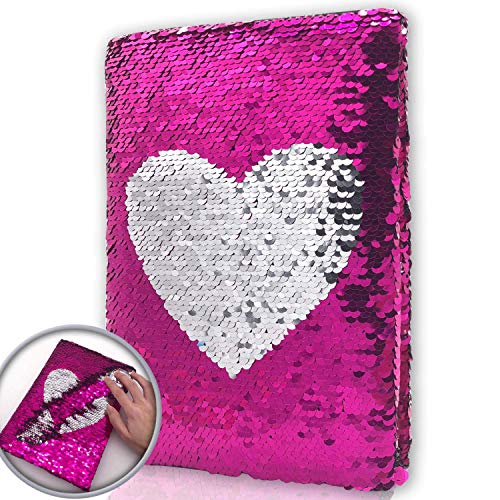 GINMLYDA Magic Reversible Flips Sequin Girls Journal Heart Pattern Rose Red to Sliver, Secret Kids Diary Notebook A5 Size 160 Lined Pages…