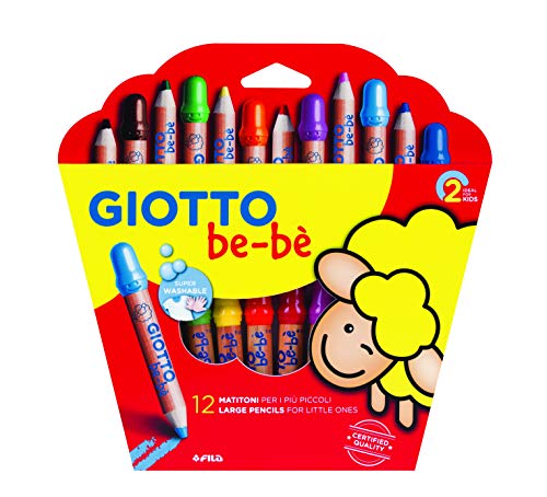 Giotto be-bè 466500 - Estuche 12 súper lápices de colores (mina de 7 mm diámetro, capuchón posterior de seguridad anti-mordedura, anti ahogo y sacapuntas), multicolor