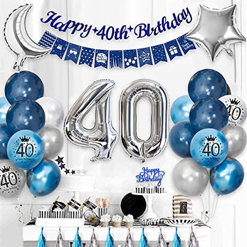 Globos 40 Cumpleaños,40 Cumpleaños Decoraciones Hombres Azul Plata traer Pancarta Feliz Cumpleaños Globo Látex Azul Marino Manteles Globos de Azul Plateados Metal para Regalo Hombre Cumpleaños