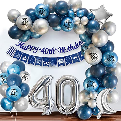 Globos 40 Cumpleaños,40 Cumpleaños Decoraciones Hombres Azul Plata traer Pancarta Feliz Cumpleaños Globo Látex Azul Marino Manteles Globos de Azul Plateados Metal para Regalo Hombre Cumpleaños