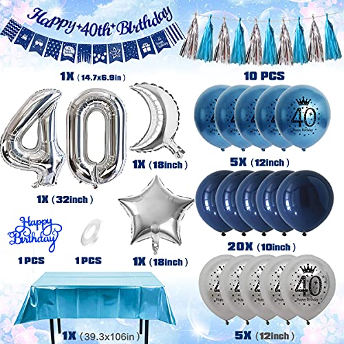 Globos 40 Cumpleaños,40 Cumpleaños Decoraciones Hombres Azul Plata traer Pancarta Feliz Cumpleaños Globo Látex Azul Marino Manteles Globos de Azul Plateados Metal para Regalo Hombre Cumpleaños