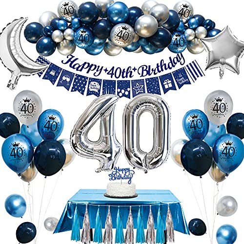 Globos 40 Cumpleaños,40 Cumpleaños Decoraciones Hombres Azul Plata traer Pancarta Feliz Cumpleaños Globo Látex Azul Marino Manteles Globos de Azul Plateados Metal para Regalo Hombre Cumpleaños