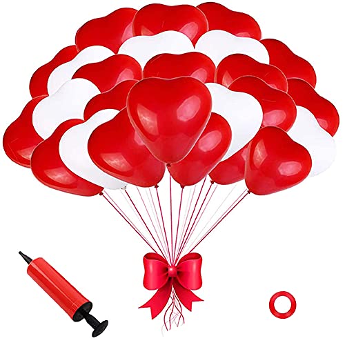 Globos de CorazóN Rojo Blanco,Amor Globos de Corazón de Boda, Globo de Corazón Romántico Para Aniversario De Boda, Adecuado para el Día de San Valentín, Bodas, Fiestas(100 Piezas)