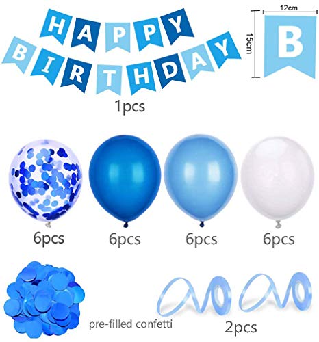 Globos de Cumpleaños Azules, Decoracion Cumpleaños Niño, Globos de Fiesta Cumpleaños Infantil, Guirnalda Feliz Cumpleaños, Adornos Cumpleaños, Globos Azules y Pompones para niños 1 año, 2 años