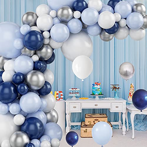 Globos De Cumpleaños Chico, Kit de Guirnalda de Globos de Azul, Blanco y Plateado, Arco para Globos de Látex con Cinta de Globos para Decoracion Cumpleaños Chico