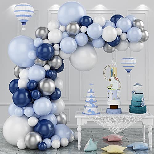 Globos De Cumpleaños Chico, Kit de Guirnalda de Globos de Azul, Blanco y Plateado, Arco para Globos de Látex con Cinta de Globos para Decoracion Cumpleaños Chico