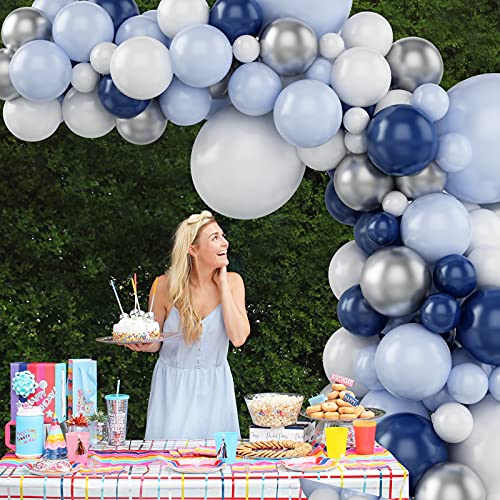 Globos De Cumpleaños Chico, Kit de Guirnalda de Globos de Azul, Blanco y Plateado, Arco para Globos de Látex con Cinta de Globos para Decoracion Cumpleaños Chico