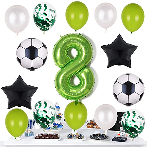 Globos de fútbol para 8º cumpleaños con número 8, color verde, balón de fútbol negro, estrella para niños, niñas, jóvenes, 8 años