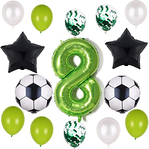 Globos de fútbol para 8º cumpleaños con número 8, color verde, balón de fútbol negro, estrella para niños, niñas, jóvenes, 8 años