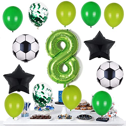 Globos de fútbol para 8º cumpleaños de 100 cm, globos con número 8, color verde, balón negro, estrella para niños, niñas, jóvenes, 8 años, decoración para fiestas