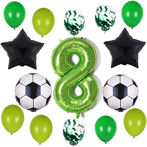 Globos de fútbol para 8º cumpleaños de 100 cm, globos con número 8, color verde, balón negro, estrella para niños, niñas, jóvenes, 8 años, decoración para fiestas