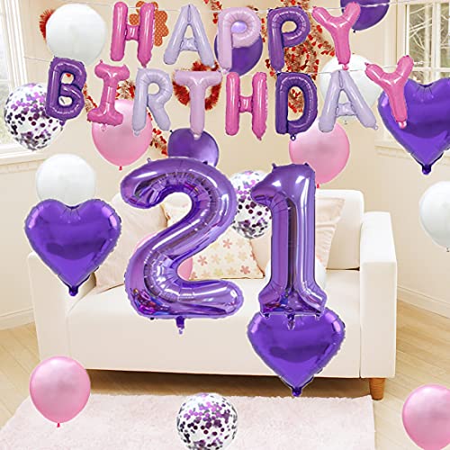 Globos de látex para 21 cumpleaños, decoración para 21 cumpleaños, suministros para fiesta de cumpleaños, número 21, color morado