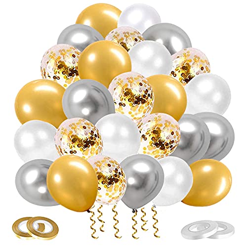 Globos Dorados 60 Piezas Globos de Confeti Dorado Plateados Blancos Globo de Helio de Látex Cumpleaños Boda Bautismo Comunión Fiesta de Graduación Decoración Oro y Plata Conjunto de Globos