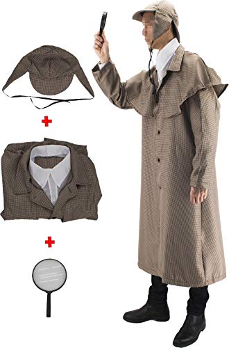 Gojoy shop- Disfraz de Sherlock Detective para Hombres y Mujeres Halloween Carnaval (Contiene Lupa, Gorro, Gabardina y Cuello, Talla Unica)