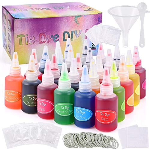 GOLDGE 26 Colores Tinte Ropa Kit para Bricolaje, Vibrantes Pinturas Textiles de Tela Tie Dye Kit para Niños y Adultos con 120 Bandas de Goma, 10 Pares de Guantes de Plástico, 5 Delantal, No Tóxicos