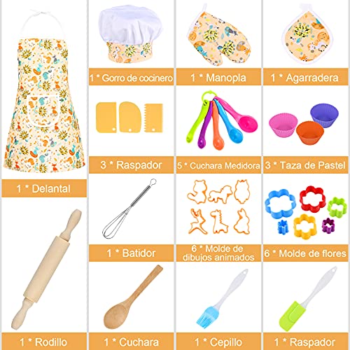 GOLDGE 32pcs Juego de Chef para Niños, Gorro y Delantal Cocinero Niño, Conjunto de Juego de rol de Chef, Juguete de Cocina para Niños con Juego de rol de Chef