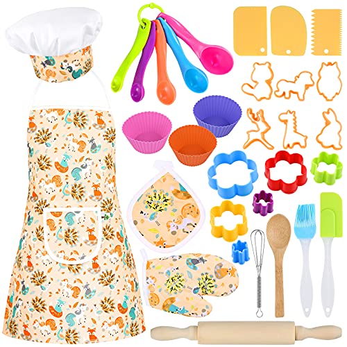 GOLDGE 32pcs Juego de Chef para Niños, Gorro y Delantal Cocinero Niño, Conjunto de Juego de rol de Chef, Juguete de Cocina para Niños con Juego de rol de Chef