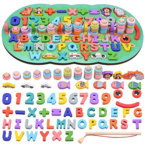 GOLDGE Juego Montessori Matemáticas, Juegos Educativos Puzzles de Madera con Juego de Pesca Magnética, Juguete Niño Aprender a Contar y Colores, Perfecto Regalo Infantil