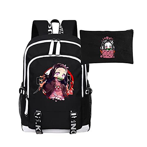 GOTH Perhk Mochila Anime Demon Slayer Mochila Nezuko Tanjiro Inosuke Mochila de viaje Bolsa de cosméticos Estuche de viaje Mochila para portátil, Divertida mochila negra, Taille unique