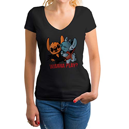 GR8Shop Jack Skellington and Stitch Horror Wanna Play Camisa Negra de Cuello en V para Mujer Size S