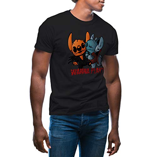 GR8Shop Jack Skellington and Stitch Horror Wanna Play Camiseta de Hombre Negra Size XXL