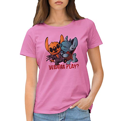 GR8Shop Jack Skellington and Stitch Horror Wanna Play Camiseta Rosa para Mujer Size S