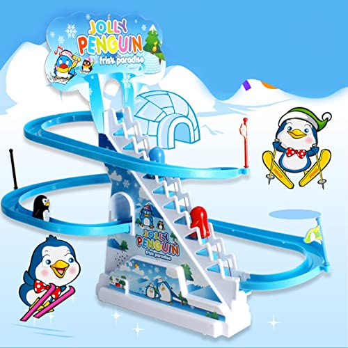 Greatideal Pingüino Juguetes para vehículos ferroviarios, Pingüino eléctrico portátil e Inodoro para Subir escaleras, Juego de Juguetes educativos de montaña Rusa para niños, Regalo de cumpleaños