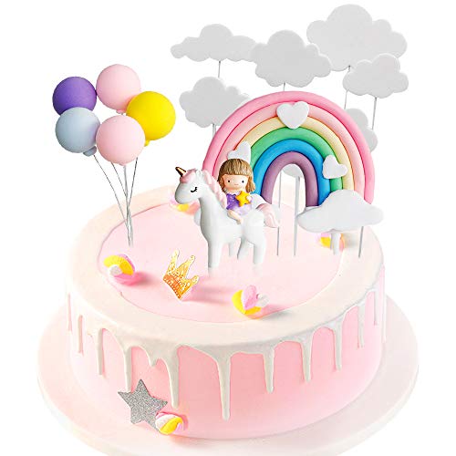 Gresunny Decoración para Tarta de Unicornio Decoración de Pasteles Cumpleaños Nube Arcoiris Globos Unicornio Cake Toppers Kit Toppers para Tartas para Cumpleaños de Infantiles Tiesta de Baby Shower