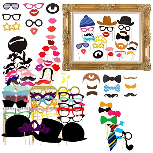 GUDOTRA 73pcs Photobooth Accesorios para Bigotes Labios Corbatas Gafas Sombreros para Partido Boda Cumpleaos Graduación Mascarada Navidad