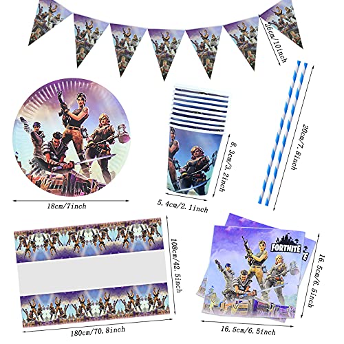 Gxhong Suministros de Fiesta Temáticos de Fortnite,Suministros Vajilla de Fiesta Set,Vajilla de cumpleaños de niños, Decoraciones de Cumpleaños,Pancarta Platos Tazas Servilletas Mantel Paja, 52 piezas