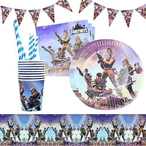 Gxhong Suministros de Fiesta Temáticos de Fortnite,Suministros Vajilla de Fiesta Set,Vajilla de cumpleaños de niños, Decoraciones de Cumpleaños,Pancarta Platos Tazas Servilletas Mantel Paja, 52 piezas