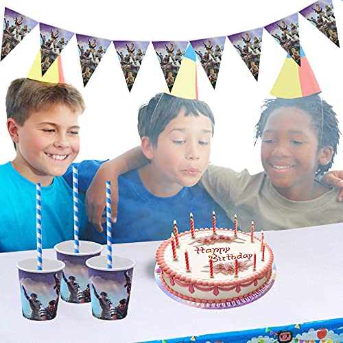 Gxhong Suministros de Fiesta Temáticos de Fortnite,Suministros Vajilla de Fiesta Set,Vajilla de cumpleaños de niños, Decoraciones de Cumpleaños,Pancarta Platos Tazas Servilletas Mantel Paja, 52 piezas