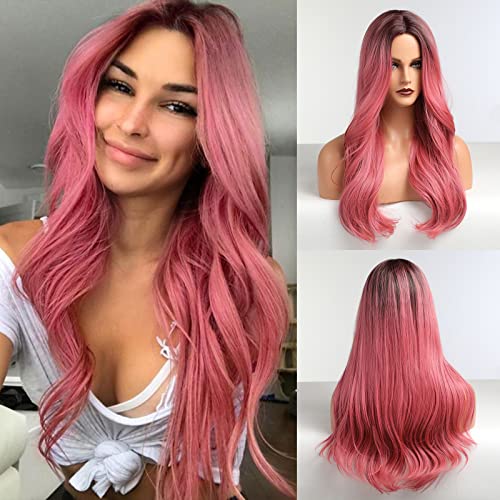 HAIRCUBE Pelucas sintéticas de pelo ondulado rojo natural largo Ombre con flequillo Pelucas onduladas corporales de pelo de raíz negra para mujer Fiesta o uso diario de cosplay…