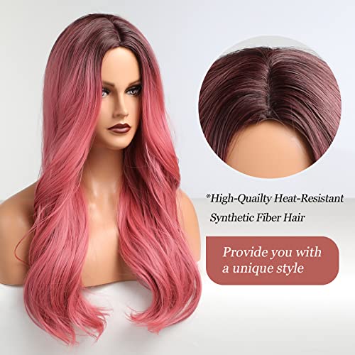 HAIRCUBE Pelucas sintéticas de pelo ondulado rojo natural largo Ombre con flequillo Pelucas onduladas corporales de pelo de raíz negra para mujer Fiesta o uso diario de cosplay…