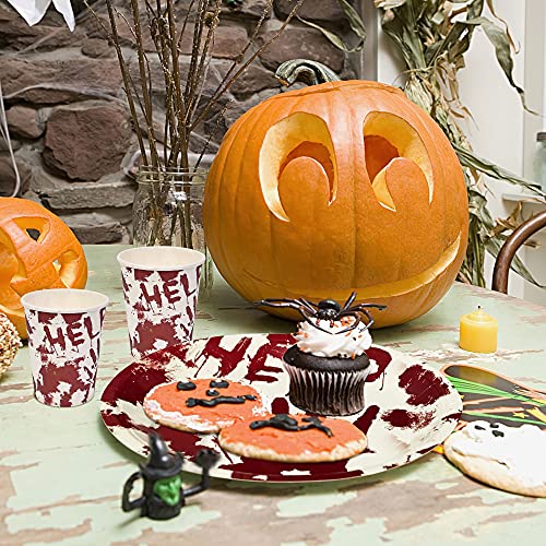 Halcyerdu Hallowee Party Set, Decoración de Manos sangrientas, Decoración de Terror de Halloween, Plato, Servilleta, Vaso de Papel, Pancarta, Mantel, Vajilla de Fiesta de Halloween para 16 Personas