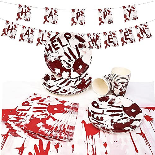 Halcyerdu Hallowee Party Set, Decoración de Manos sangrientas, Decoración de Terror de Halloween, Plato, Servilleta, Vaso de Papel, Pancarta, Mantel, Vajilla de Fiesta de Halloween para 16 Personas