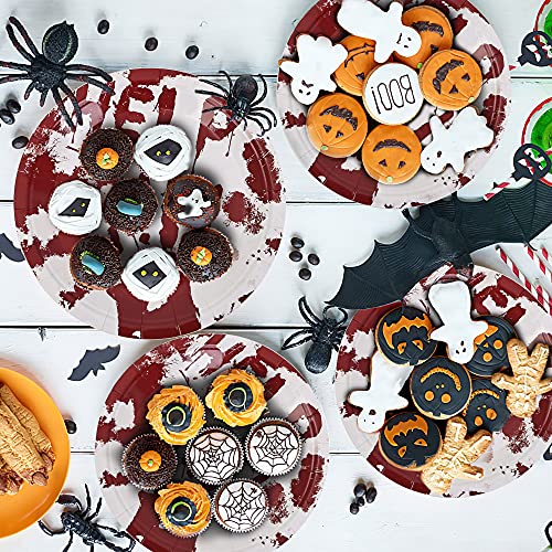 Halcyerdu Hallowee Party Set, Decoración de Manos sangrientas, Decoración de Terror de Halloween, Plato, Servilleta, Vaso de Papel, Pancarta, Mantel, Vajilla de Fiesta de Halloween para 16 Personas