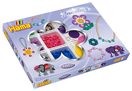 Hama Perlen 3716 Crebox Joyas con Aprox. 2400 Cuentas de Colores Midi con diámetro de 5 mm, 3 Placas de rotuladores, Incluye Papel de Planchado, Manualidades Creativas para Grandes y pequeños