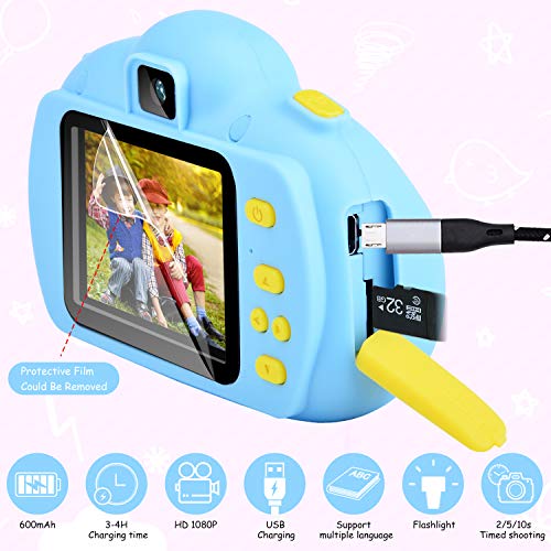 Hangrui Cámara para Niños, HD Doble Objetivo Juego Video Cámara de Fotos Digital con Tarjeta de Memoria de 32GB, Pantalla de Protección Ocular IPS de 2,4 Pulgadas, a Prueba de Golpes (Azul)