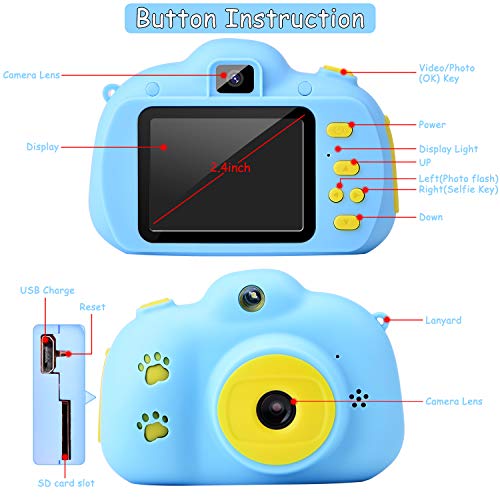 Hangrui Cámara para Niños, HD Doble Objetivo Juego Video Cámara de Fotos Digital con Tarjeta de Memoria de 32GB, Pantalla de Protección Ocular IPS de 2,4 Pulgadas, a Prueba de Golpes (Azul)