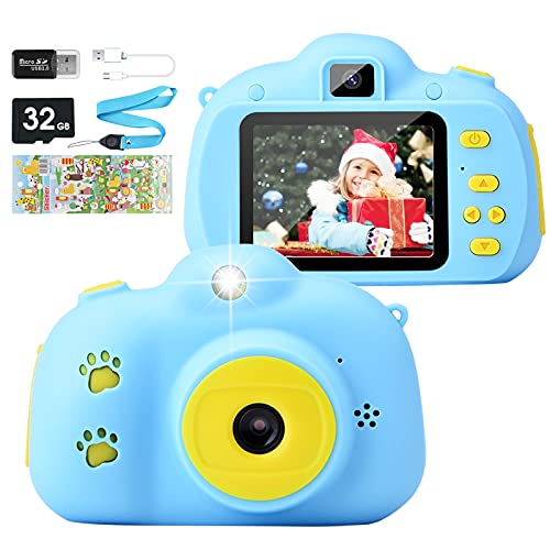 Hangrui Cámara para Niños, HD Doble Objetivo Juego Video Cámara de Fotos Digital con Tarjeta de Memoria de 32GB, Pantalla de Protección Ocular IPS de 2,4 Pulgadas, a Prueba de Golpes (Azul)