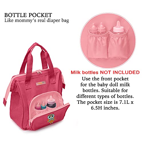 HappyVk - Bolsa de pañales de muñeca rosa con cambiador de muñeca- Bordado de búho- Accesorios de muñeca- Conjunto de bolsa de cambio de muñeca- Bolsa de pañales para muñecas