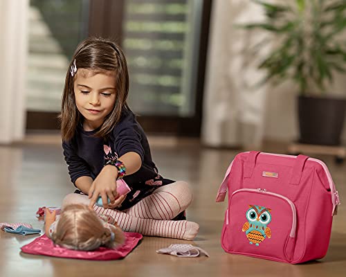 HappyVk - Bolsa de pañales de muñeca rosa con cambiador de muñeca- Bordado de búho- Accesorios de muñeca- Conjunto de bolsa de cambio de muñeca- Bolsa de pañales para muñecas