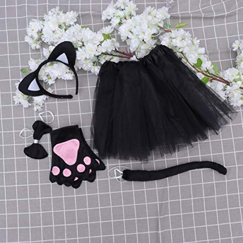 Happyyami - Disfraz de gato para niña o adulto con tutú, falda, guantes, diadema con orejas de gato, pajarita y cola de gato, ideal como disfraz de Halloween o carnaval para niños y adultos, 5 piezas