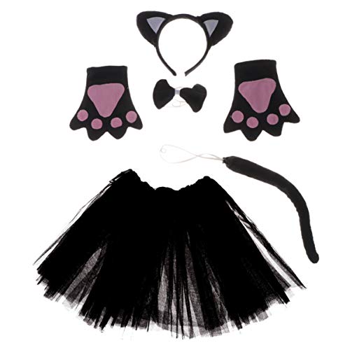 Happyyami - Disfraz de gato para niña o adulto con tutú, falda, guantes, diadema con orejas de gato, pajarita y cola de gato, ideal como disfraz de Halloween o carnaval para niños y adultos, 5 piezas