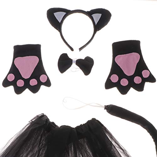 Happyyami - Disfraz de gato para niña o adulto con tutú, falda, guantes, diadema con orejas de gato, pajarita y cola de gato, ideal como disfraz de Halloween o carnaval para niños y adultos, 5 piezas