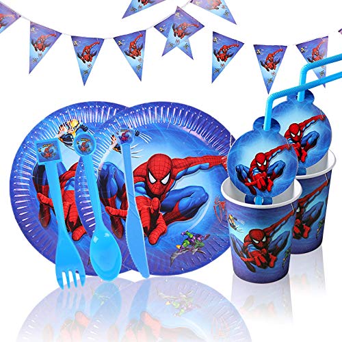 HASAKA Juego de vajilla de fiesta superhéroe decoraciones de cumpleaños Platos tazas pajitas servilleta cucharada tenedor cuchillo banner mantel Spiderman suministros de fiesta para niños 82 piezas