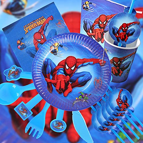 HASAKA Juego de vajilla de fiesta superhéroe decoraciones de cumpleaños Platos tazas pajitas servilleta cucharada tenedor cuchillo banner mantel Spiderman suministros de fiesta para niños 82 piezas