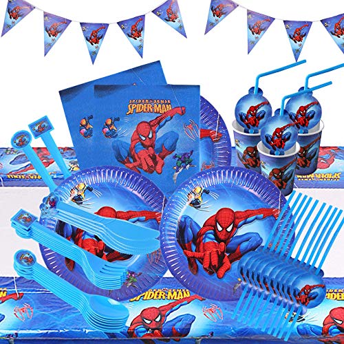 HASAKA Juego de vajilla de fiesta superhéroe decoraciones de cumpleaños Platos tazas pajitas servilleta cucharada tenedor cuchillo banner mantel Spiderman suministros de fiesta para niños 82 piezas