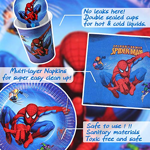 HASAKA Juego de vajilla de fiesta superhéroe decoraciones de cumpleaños Platos tazas pajitas servilleta cucharada tenedor cuchillo banner mantel Spiderman suministros de fiesta para niños 82 piezas